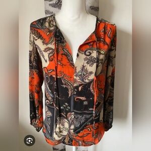 Joan Vass Vibrant Paisley Blouse - Orange and Black